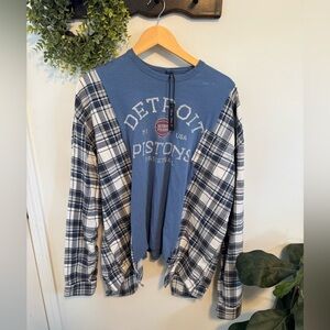 Upcycled Detroit Pistons Blue Plaid Long Sleeve Shirt Reworked